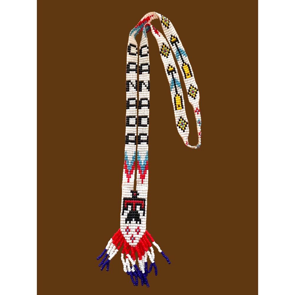 Vintage 60s Native American Beaded Tie Necklace Canada Thunderbird Boho Hippie